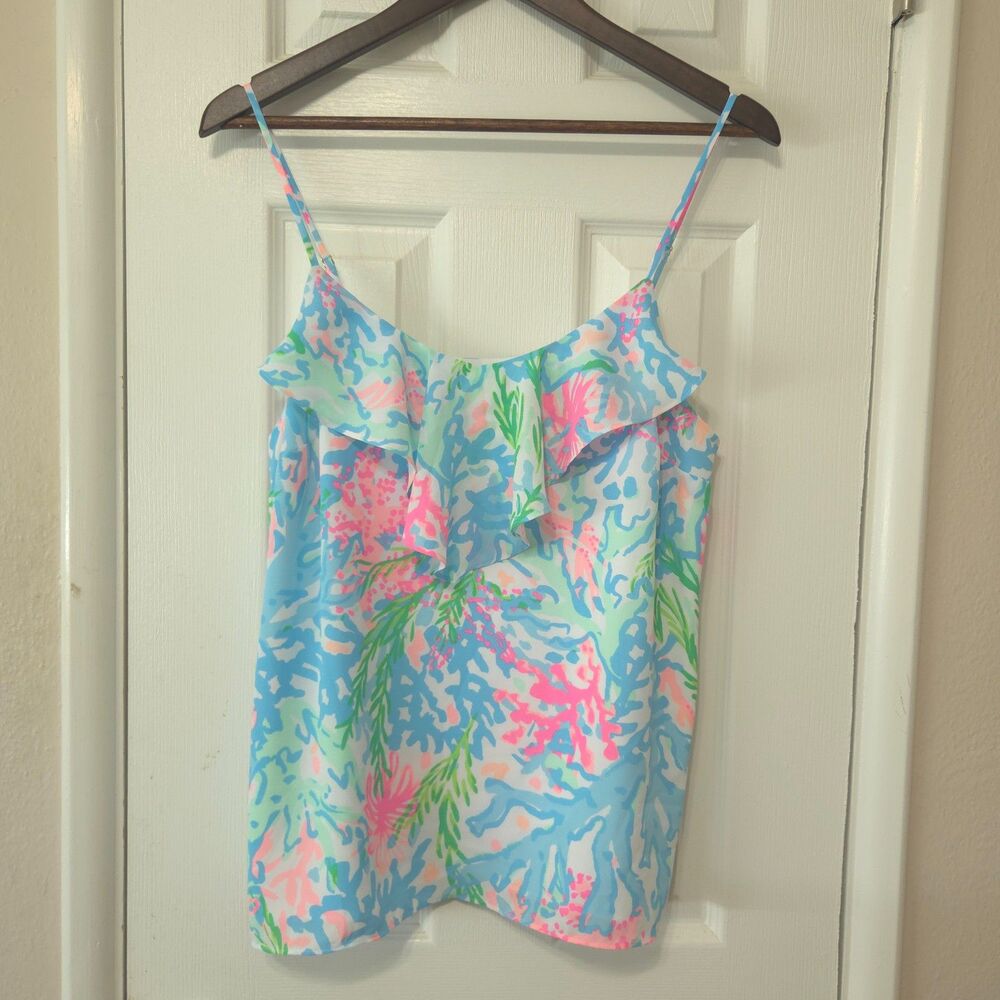 Lilly Pulitzer Karmen Cami Coral Bay Ruffle Tank Top Blue Pink Medium